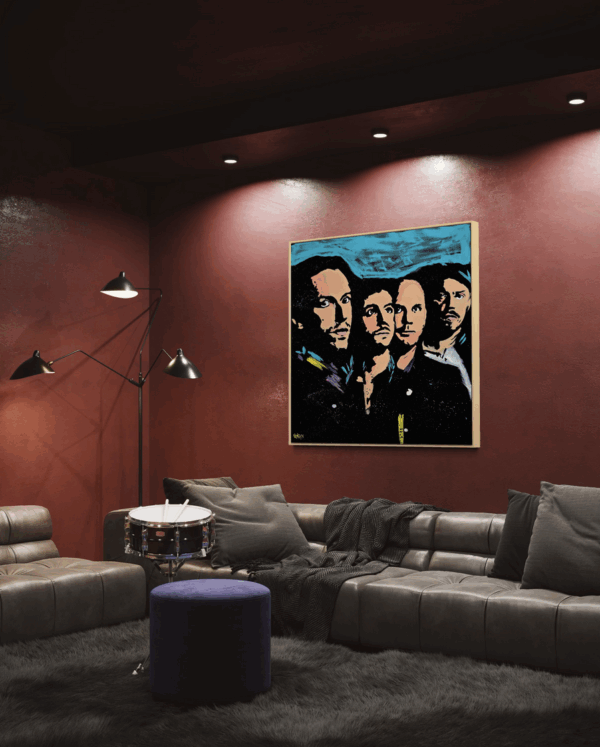 Henrix original artwork featuring Coldplay band members, painted in tones of blue, black, and peach.